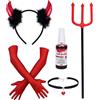 PAPU Costume Diavoletta Donna,5 Pezzi Cerchietto Corna Diavolo,Guanti,Tridente Forcone,Spray Sangue Finto,Collana Gotica,set Accessori Diavolo Ragazza,Devil Costume Halloween e Carnevale Cosplay(Rosso)