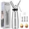 ERWEY Sifone Panna Montata 500ml, Sifone da Cucina Alluminio, Sifone Panna con 3 Ugelli e 1 Spazzola da Pulizza, Sifone per Panna Montata per Decorazione Torte e Dessert (Argento)