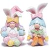 Hodao Adorabile set di 2 gnomi pasquali con orecchie da coniglio, uova floreali intagliate a mano, fiocchi glitterati e carote scintillanti, decorazione in resina di alta qualità per soggiorno, tavolo