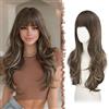 FESHFEN Lunga Parrucca con Frangia - Ombre Castano Biondo Parrucche Donna Capelli Lunghi Ondulato Naturali Sintetico Parrucca di Capelli a Strati per Partito Quotidiano, 65 cm