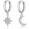 Reffeer Orecchini a cerchio in argento Sterling 925 massiccio con luna e stella, orecchini a cerchio da donna con zirconia cubica, orecchini a cerchio asimmetrici, 12mm, Argento sterling, Zirconia