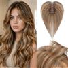 Benehair Toupet Capelli Donna Veri con Clip 7x11cm French Frangia Clip Capelli Veri Fatto a Mano Extension Clip Capello Naturali con Frangia, 14g 28CM Marrone Medio&Biondo Scuro #4P27