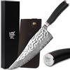YOUSUNLONG Mannaia - Coltello da arrosto con coda a punta da 22,8 cm - Acciaio di Damasco giapponese - Affilatissimo - Manico in ebano naturale con fodero in pelle - Coltello da macellaio