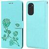 RankOne Custodia Portafoglio in Pelle per Motorola Moto e32 / Moto e32s (6.5 Inches), con Porta Carte Motivo Rosa Design Cover Folio Flip Case - Verde