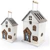 DRW Set di 2 lanterne a forma di casa in legno con luce striscia LED in bianco decape 45x26x21 cm
