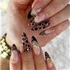VelvetGlow Leopard Press on Nails Mandel Medium French Tip Unghie finte con Catena dorata Perline in acciaio Pendenti Unghia acrilico brillante Copertura completa per donne