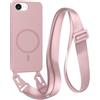 FMPCUON FNPCUON Cover Magnetica con Cordino per iPhone 16E Compatibile con MagSafe,Ricarica Wireless, Placcatura Disegno Custodia con Collana Laccio Tracolla Regolabile Case.Rosa