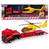 Toyland® 31cm (12") Autocarro Scania con pianale, elicottero e rimorchio staccabile - Modellino in scala 1:48 - Giocattolo da collezione per il trasporto (Camion Rosso/Elicottero Gialla)