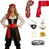 Rehecher Costume Pirata Medievale Unisex, Set Accessori Pirata Completo 7 Pezzi, Costume da Pirata Uomo Donna con Bandana Cintura Fascia, Accessori Pirata per Halloween Feste Medievali Recite (red)