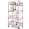 KINGRACK Carrello Cucina Salvaspazio Stretto a 4 Ripiani - Carrello Metallico con Piano Legno e Cestello Rete - Per Cucine, Bagni, Camere in Spazi Ridotti, Rosa