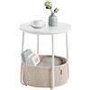 VASAGLE LILEA Collezione - Tavolino, Tavolino Rotondo con Cestino in Tessuto, Spazioso, per Soggiorno Camera da Letto, Comodino, Stile Moderno, Bianco Opaco e Marrone Cammello LET223W10