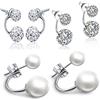 Yumilok Orecchini doppi a perno, in argento sterling 925, con zirconi, brillanti e perle sferiche, fatti a mano, ipoallergenici, orecchini jacket da donna o ragazza, 3 paia