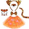 AOOWU Luminoso Costume Animale Bambina, Kit di 6 Pezzi Costume Animale Tutu LED Gonna con Cerchietti Orecchie Tigre Naso Coda Papillon Adesivi per Halloween, Carnevale Cosplay Party