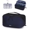 WANDF Borsa da Toilette Uomo - Beauty Case da Viaggio in Pelle PU con Tasca Appendibile Impermeabile Staccabile - Organizer da Bagno che Si Apre a Piano, Kit per Rasoio, per Accessori Viaggio(Blu)