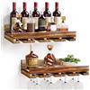 Yorbay Set di 2 scaffali da parete in legno per vino e bicchieri da vino, vintage, da parete, in legno fiammato, per soggiorno, bar, cucina