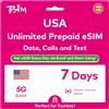 TSIM USA eSIM 7 giorni. Dati ad alta velocità illimitati, chiamate e SMS locali negli USA (Hawaii incluse). Ricevi l'eSIM via e-mail lo stesso giorno e attivala subito, senza attendere il pacco.