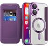 IMIRST Custodia magnetica per iPhone 16, [compatibile con MagSafe] Custodia a portafoglio in pelle di alta qualità con blocco RFID, trasparente antiurto per Apple iPhone 16. WD Viola