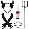 PAPU Costume Diavoletta Donna,5 Pezzi Cerchietto Corna Diavolo,Guanti,Tridente Forcone,Spray Sangue Finto,Collana Gotica,set Accessori Diavolo Ragazza,Devil Costume Halloween e Carnevale Cosplay(Nero)