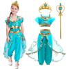 YOMIQIU Costume Jasmine Principessa Ragazza: Principessa Jasmine Vestito Bambini con Corona e Bacchetta, Aladdin Peacock Belly Dance Costume per Carnevale Halloween Natale Compleanno Cosplay