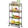 KINGRACK Carrello da cucina stretto a 4 livelli con ruote in legno e cesti scorrevoli, carrello in metallo per spazi ristretti in cucina, bagno, dormitorio e camera da letto, nero