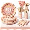 Nkaiso Stoviglie per Feste Oro Rosso 193 Pezzi Stoviglie Carta Set Include Piatti di Carta Tovaglioli Tazze Riutilizzabile Posate, per Nuziale Doccia, Matrimonio, Compleanno(24 Ospiti)