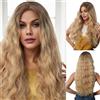 AOWVUTS Parrucca Ombre Biondo Lunga Ondulata Donna 65cm Parrucca Capelli Ricci Sintetica Naturali Resistente al Calore con Taglio Centrale per Usura Quotidiana Partito Cosplay Festa 26 Pollici