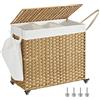 SONGMICS Cesto Portabiancheria con Coperchio, 160L, Cesta Biancheria in Rattan Sintetico con Ruote, 3 Scomparti, Sacco Rimovibile, Lavanderia Camera da Letto, 70 x 36 x 66 cm, Naturale LCB365N01