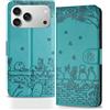 Butnyeoe Cover per iPhone 17 Pro Libro,Gatti/Fiori Motivo in Rilievo Custodia,PU Pelle Protettiva Portafoglio Flip Wallet Case Con Slot per Schede e Magnetica Supporto,Blu-Verde