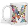 Vixar Tazza con lettera M, fiori e farfalle, con monogramma, in ceramica, colorata, per tè, caffè, birra calda, 330 ml, idea regalo (bianco)