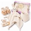 DRAKEWOOD Beige 6 in 1 Set Neonato Regalo Nascita Unisex con Asciugamani da Bagno Bavaglino Triangolare Sonaglio Bebe Calzini e Neonato Doudou Gatto - Cofanetto Regalo per Neonati Bimba Bimbo