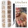 CharmeFleur 1 Scatola di Cristalli per Nail Art Oro Champagne Pietre Decorative Multiforme 3D Piatte Cristalli Luminosi Non Termoadesivi Con Strumenti per Manicure