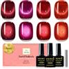 YSUVIN Smalto Semipermanente Unghie Magnetico, 4 Colori Rosso Gelatina Vernis Cat Eye Gelée Trasparente Semi-permanente con Aimant Soak Off UV/LED Kit di Manicure, 8 ML