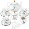 fanquare 21 Pezzi Servizio da Tè in Porcellana in Stile Reale con Bordo in Oro, Servizio da Caffè a Pois di Camelia Bianca Vintage, 6 Tazze da Tè e Piattini per Feste Matrimonio a Casa