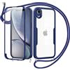 Jrkvniv Cover per iPhone XR con Cordino,360 Gradi Trasparente Custodiacon con Protezione Schermo Integrata,Bumper Rugged Custodia con Regolabile Tracolla Corda Collana per 6.1-Blu