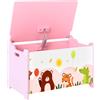 Baule portagiochi per bambini con cerniere di sicurezza in legno con disegni di animali, 60x37x39 cm, rosa