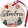 Corredino Neonato Pallina di Natale Personalizzata con Nome Ambra, cerchetto piatto per Decorazione Natalizia con Nastro Rosso - made in Italy - Addobbo Albero diametro 8 cm in Legno, nome Ambra