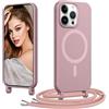 Coiwxmoi Magnetica Cover per iPhone 14 Pro Max con Cordino Regolabile, [Compatibile con MagSafe] Custodia con Collana Tracolla Laccio Collo Liquido TPU Silicone Lanyard Antiurto Case, Rosa