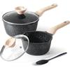 Kordisen Set di pentole Kordisen con coperchi, da 16 cm e 20 cm, rivestimento in granito, doppio beccuccio per versare, facili da pulire, adatte ai piani cottura a induzione - Ideali per cucine piccole (Nero)