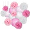 zilue Confezione da 15 lanterne di carta e pompon da appendere, decorazione per matrimoni, compleanni, baby shower, rosa/bianco