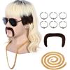 Yuehong Parrucca da uomo Mullet Lunga Riccia Nera alle Radici Bionde Moda Stile Rock Star Anni 70 80 Discoteca Festa Costume Capelli con Orecchini Baffi Collana