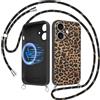 Xylota Cover Magnetica per iPhone 16 6,1 con Cordino, Compatibile con MagSafe, Aesthetic Leopardata Disegno Custodia con Corda Collana, Morbido Silicone Liquido TPU Bumper Antiurto Case, Nero 1