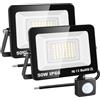 RIGIDON 2x 50W faretto con pir sensore di movimento, 5000lm proiettori led | senza spina, 3000K bianco caldo, fari di Sicurezza, luci esterno per giardino garage patio terrazza cortile, impermeabile