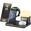 sccvee Stazione di ricarica induttiva 6 in 1,caricatore wireless compatibile con iPhone 16/15/14,Samsung GalaxyS25/24/Galaxy Buds3/Galaxy Watch, caricatore wireless da 15W, con sveglia e luce notturna,