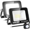 RIGIDON 2x 20W 2000lm faretto con pir sensore di movimento, proiettori led | senza spina, 6000K bianco freddo, fari di Sicurezza, luci esterno per giardino garage patio terrazza cortile, impermeabile