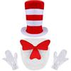 XEPST Set di accessori per Costume da gatto, Include Cappello a Cilindro a Righe Bianche e Rosse, Papillon Rosso Peloso e Guanti Bianchi per Costume da Animale per Adulti, Cosplay, Halloween