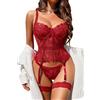 Avidlove Set Lingerie da Donna Sexy Babydoll in Pizzo Lingerie Corpetto Lingerie Set 5 Pezzi Body con Reggiseno con Ferretto e Mutandine Giarrettiere Vino Rosso L
