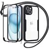 Jrkvniv Cover per iPhone 15 con Cordino,360 Gradi Trasparente Custodiacon con Protezione Schermo Integrata,Bumper Rugged Custodia con Regolabile Tracolla Corda Collana per 6.1-Nero