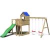 Gioco per bambini da esterno in legno treehouse con casetta aperta sospesa, scivolo e altalena doppia, 443x501x272 cm