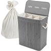 Relaxdays Cesto portabiancheria bambù 3 Scomparti con Coperchio, Pieghevole, 63x52x32 cm, Grigio