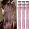 VelvetGlow Pinkes Haarlametta 18 pcs Clip in Haarlametta Set für Mädchen 20 Zoll lange Glitzer Haarverlängerungen Hitzebeständige farbige Haarverlängerungen für Kinder Festival Accessoires